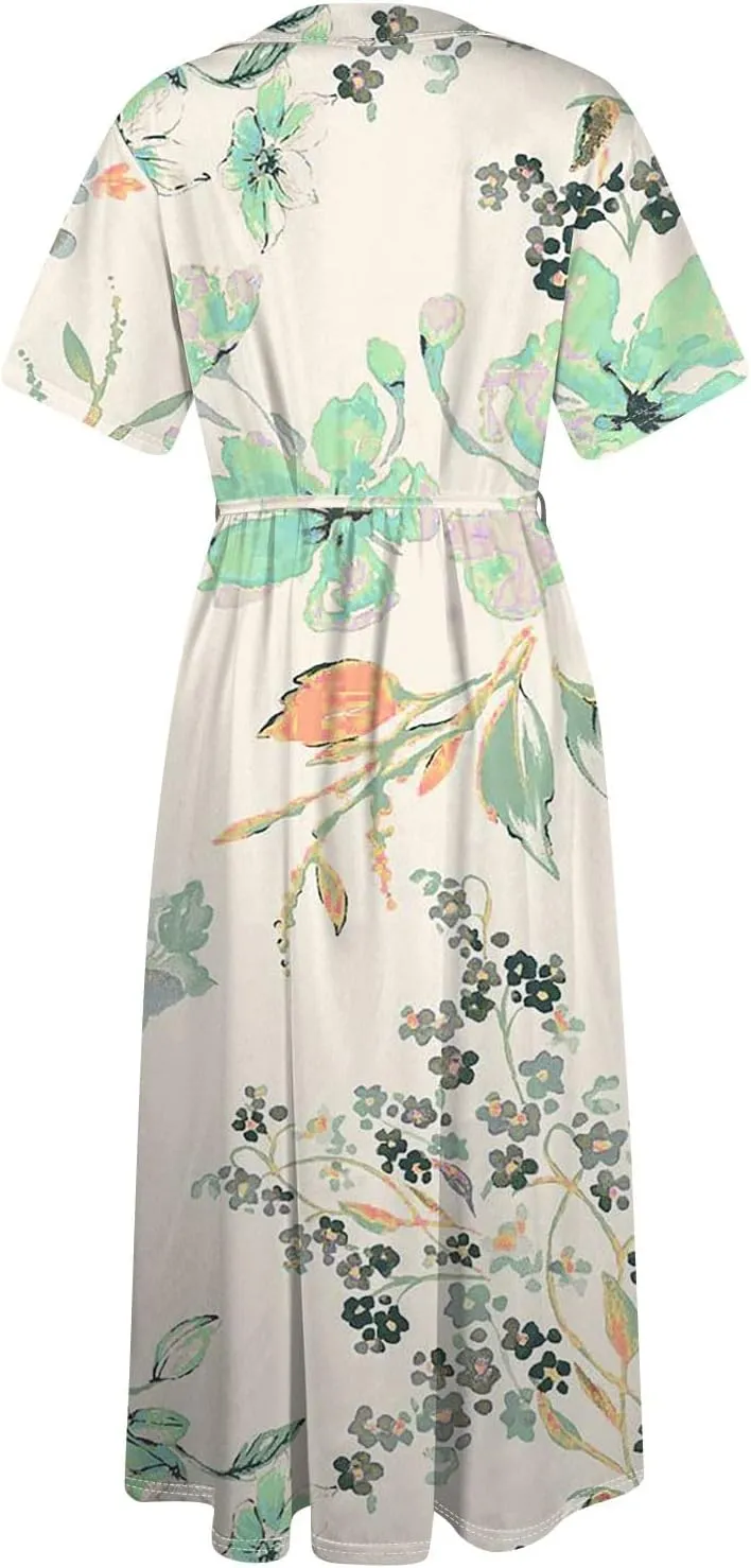 Maxi Dresses for Women 2025 Flowy Spring Summer Button Front Tie Swing Maxi Dress