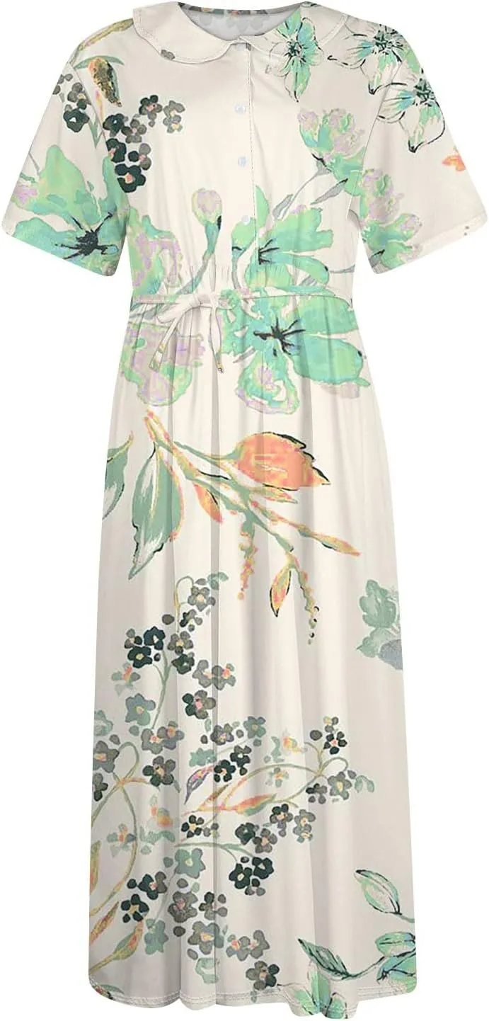 Maxi Dresses for Women 2025 Flowy Spring Summer Button Front Tie Swing Maxi Dress