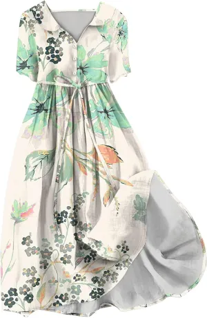 Maxi Dresses for Women 2025 Flowy Spring Summer Button Front Tie Swing Maxi Dress