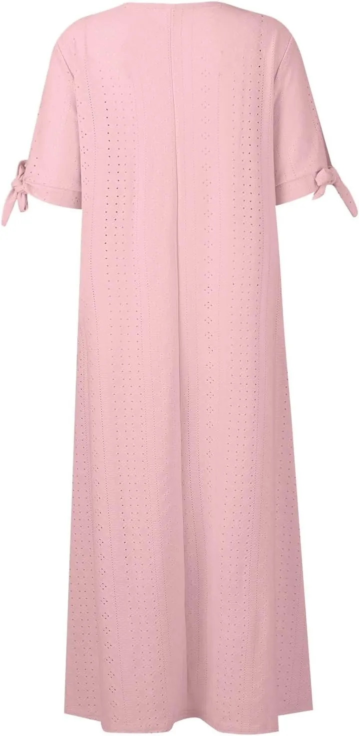 Maxi Dresses for Women 2025 Short Sleeve V Neck Eyelet Summer Dresses Trendy Long Boho Midi Shirt Dresses with Pockets