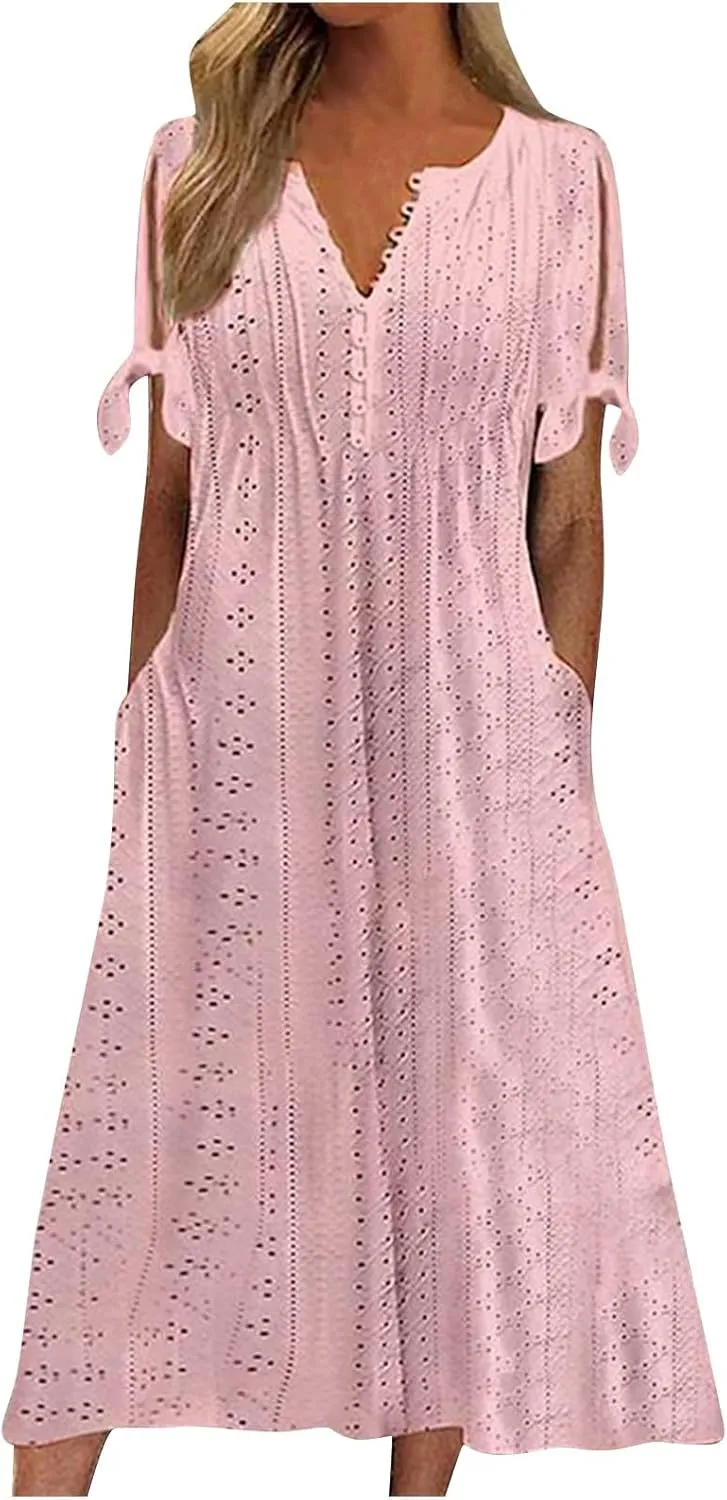 Maxi Dresses for Women 2025 Short Sleeve V Neck Eyelet Summer Dresses Trendy Long Boho Midi Shirt Dresses with Pockets