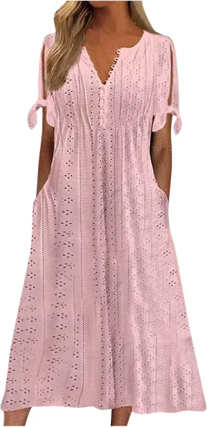 Maxi Dresses for Women 2025 Short Sleeve V Neck Eyelet Summer Dresses Trendy Long Boho Midi Shirt Dresses with Pockets