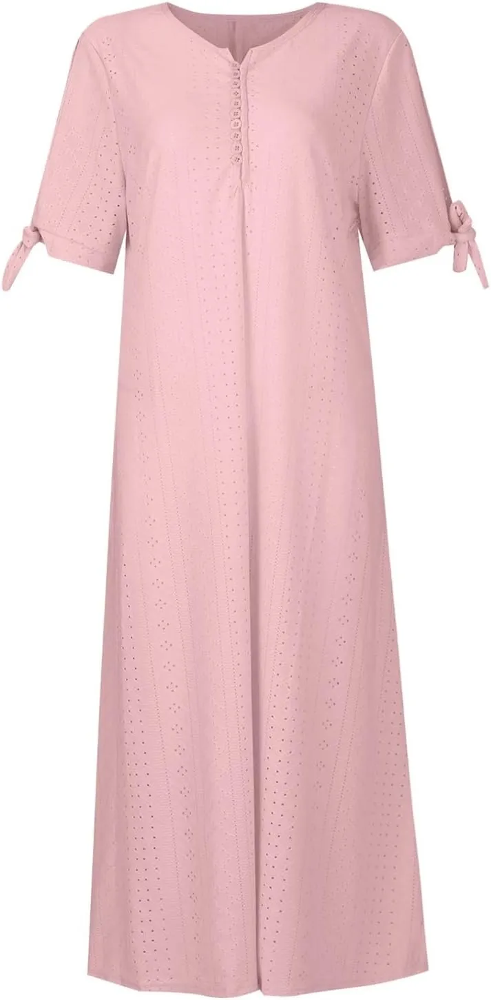 Maxi Dresses for Women 2025 Short Sleeve V Neck Eyelet Summer Dresses Trendy Long Boho Midi Shirt Dresses with Pockets