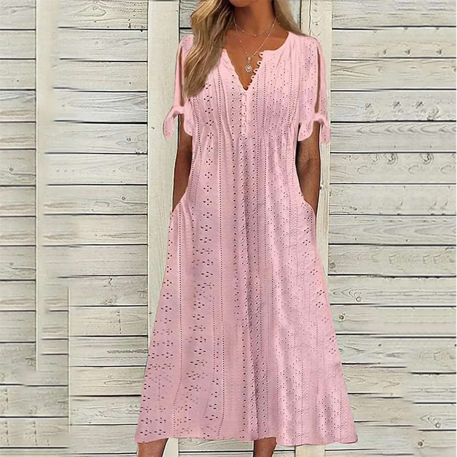 Maxi Dresses for Women 2025 Short Sleeve V Neck Eyelet Summer Dresses Trendy Long Boho Midi Shirt Dresses with Pockets