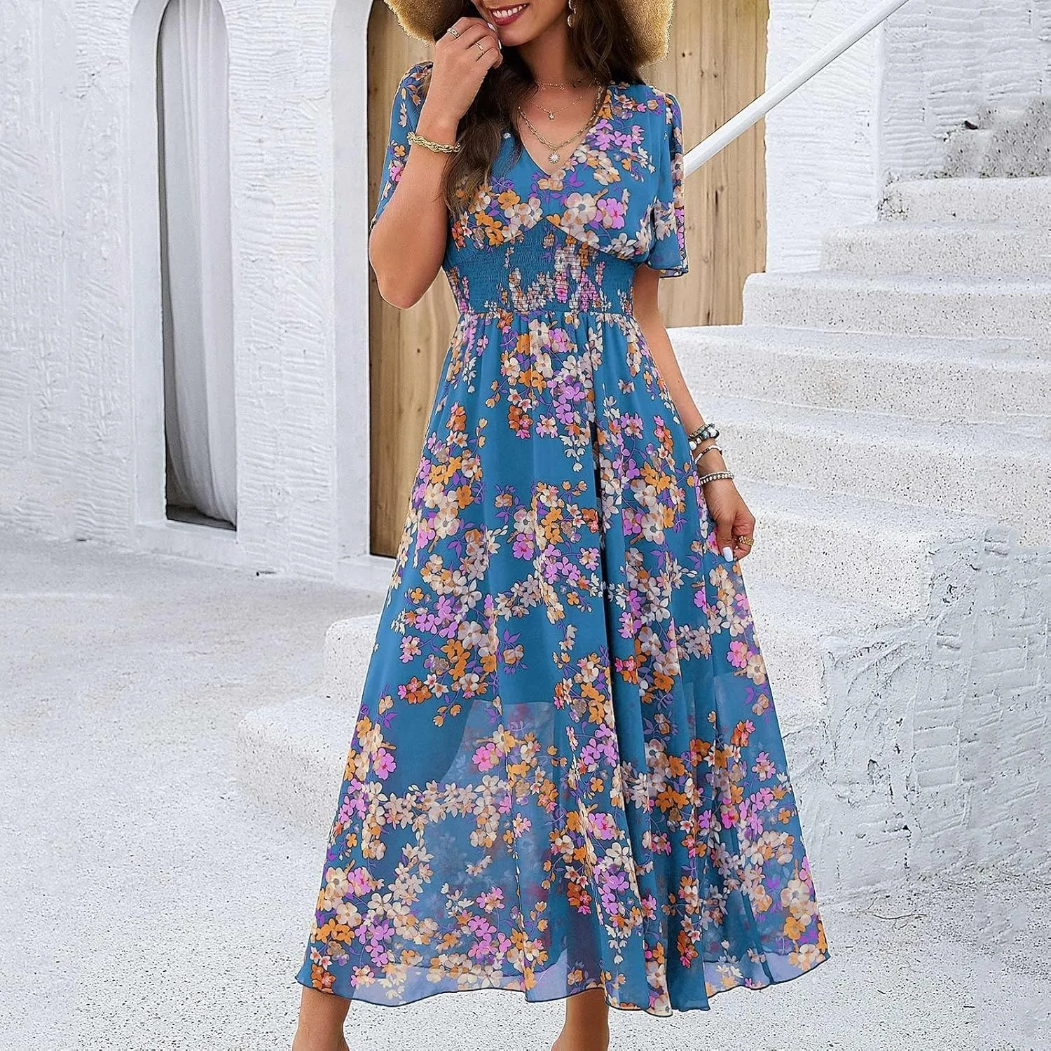 Maxi Dresses for Women 2025 Summer Floral V Neck Smocked Waist Wrap Dress Flowy Short Sleeve Casual Vacation Dresses