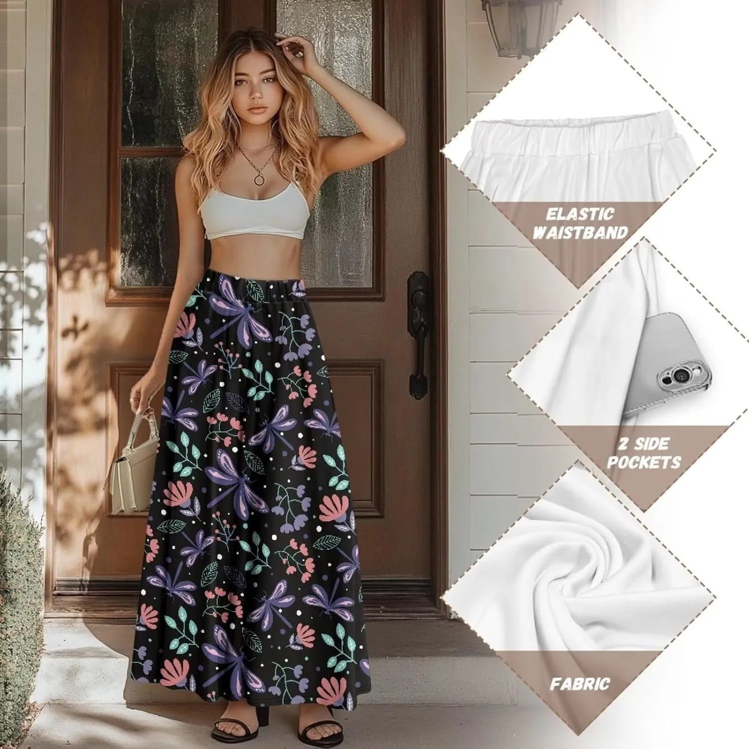 Maxi Skirt for Women Flowy High Waisted Casual Skirt Full Length Comfy Swing Skirts with Pockets Size S-2XL