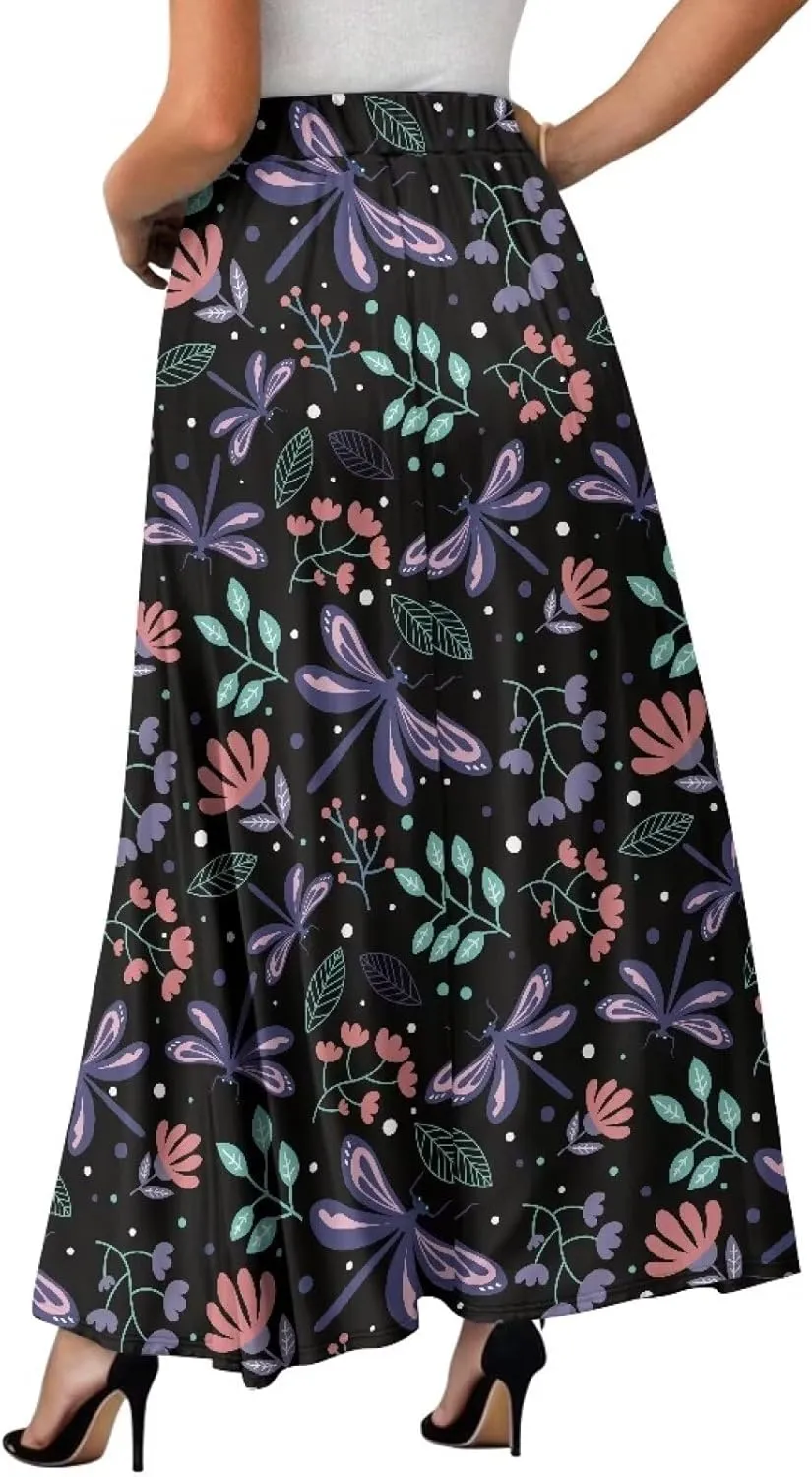 Maxi Skirt for Women Flowy High Waisted Casual Skirt Full Length Comfy Swing Skirts with Pockets Size S-2XL