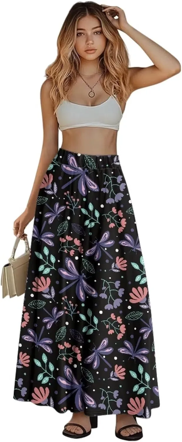 Maxi Skirt for Women Flowy High Waisted Casual Skirt Full Length Comfy Swing Skirts with Pockets Size S-2XL