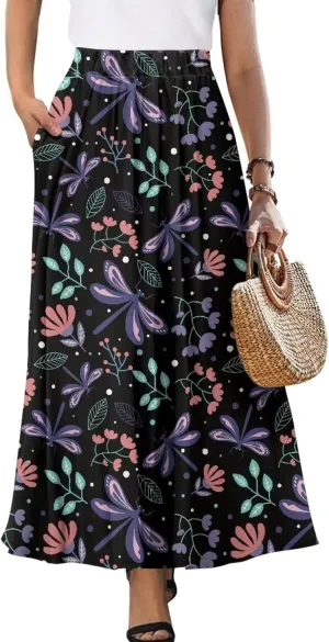 Maxi Skirt for Women Flowy High Waisted Casual Skirt Full Length Comfy Swing Skirts with Pockets Size S-2XL