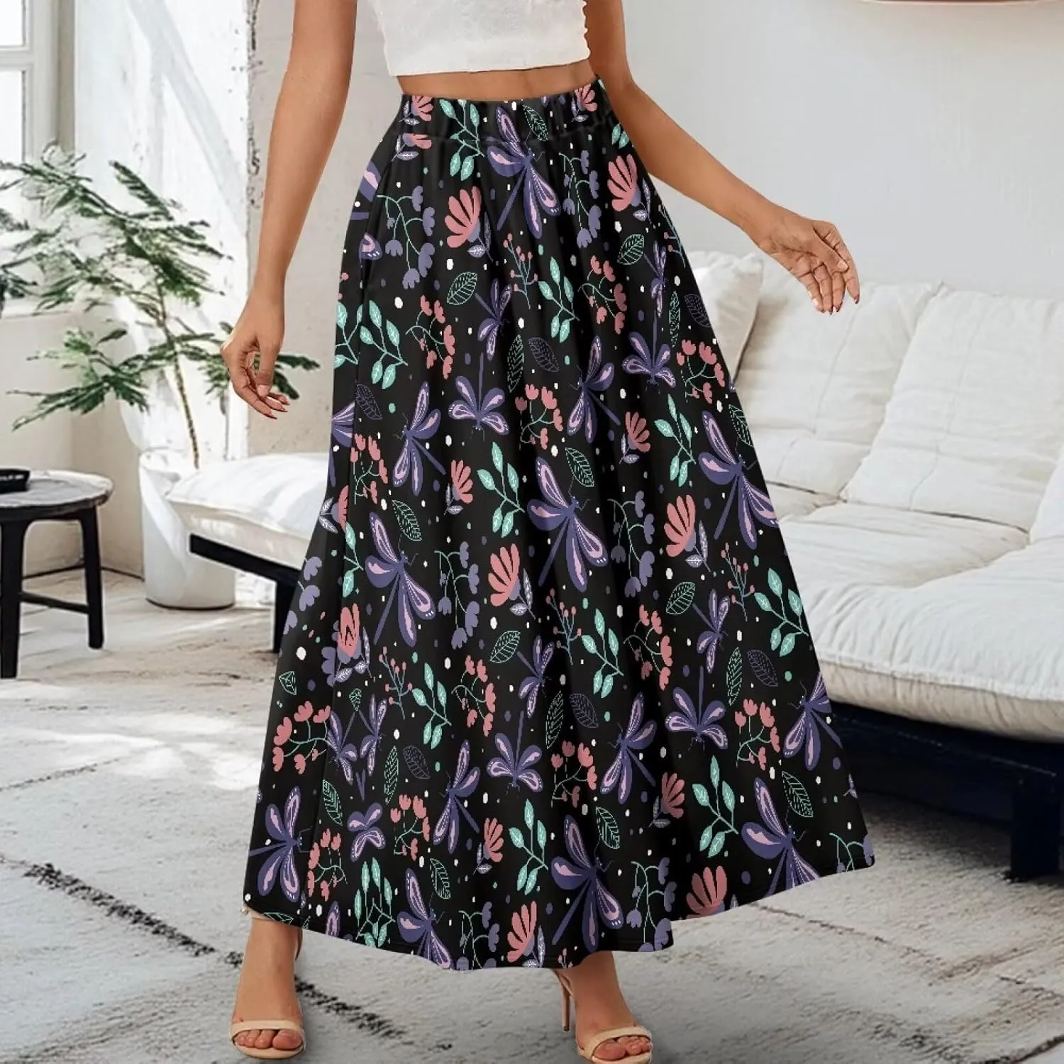 Maxi Skirt for Women Flowy High Waisted Casual Skirt Full Length Comfy Swing Skirts with Pockets Size S-2XL