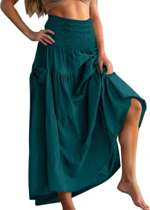 Maxi Skirts for Women Elastic High Waist Tiered A-Line Pleated Long Skirt Summer Flowy Swing Boho Solid Beach Clothes
