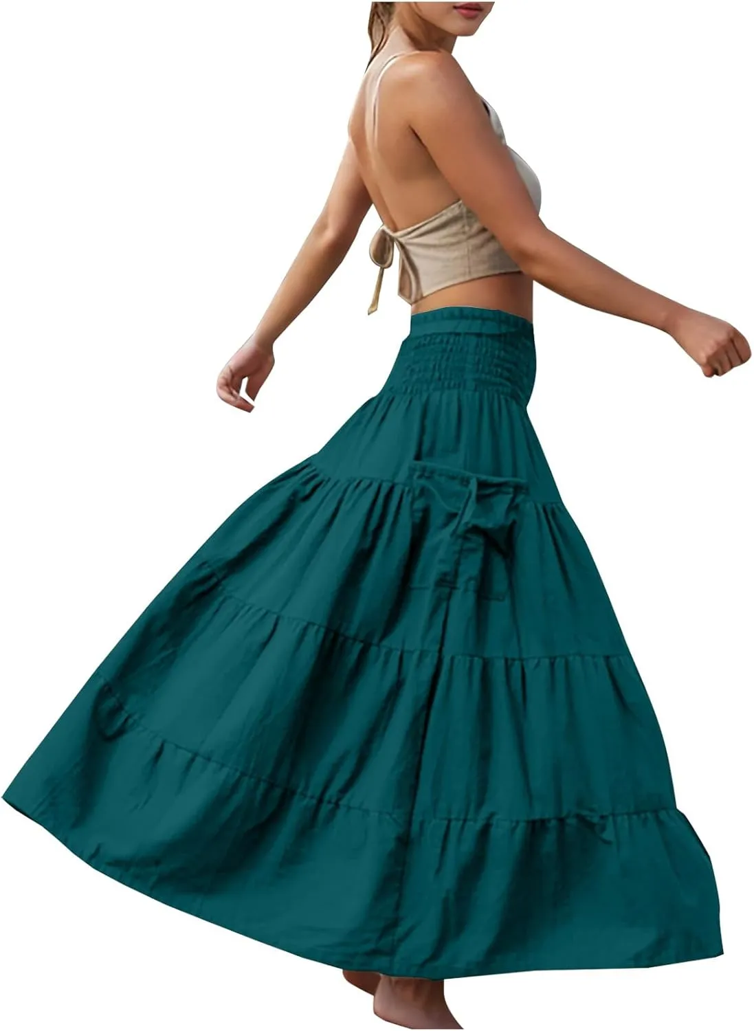 Maxi Skirts for Women Elastic High Waist Tiered A-Line Pleated Long Skirt Summer Flowy Swing Boho Solid Beach Clothes