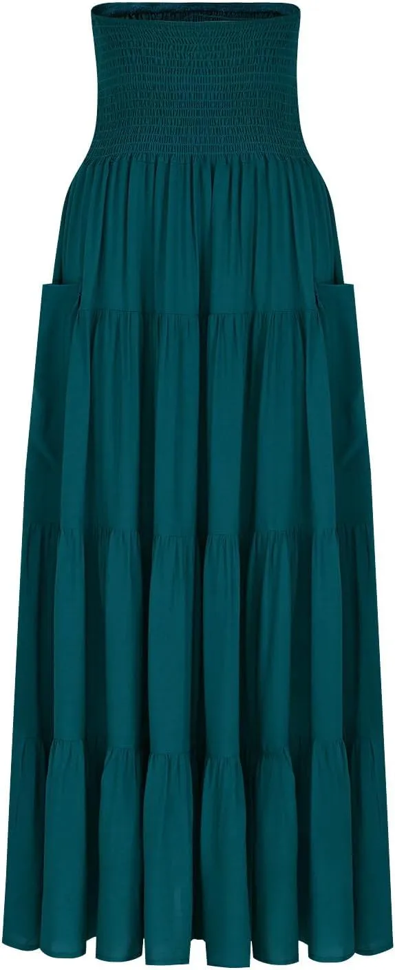 Maxi Skirts for Women Elastic High Waist Tiered A-Line Pleated Long Skirt Summer Flowy Swing Boho Solid Beach Clothes