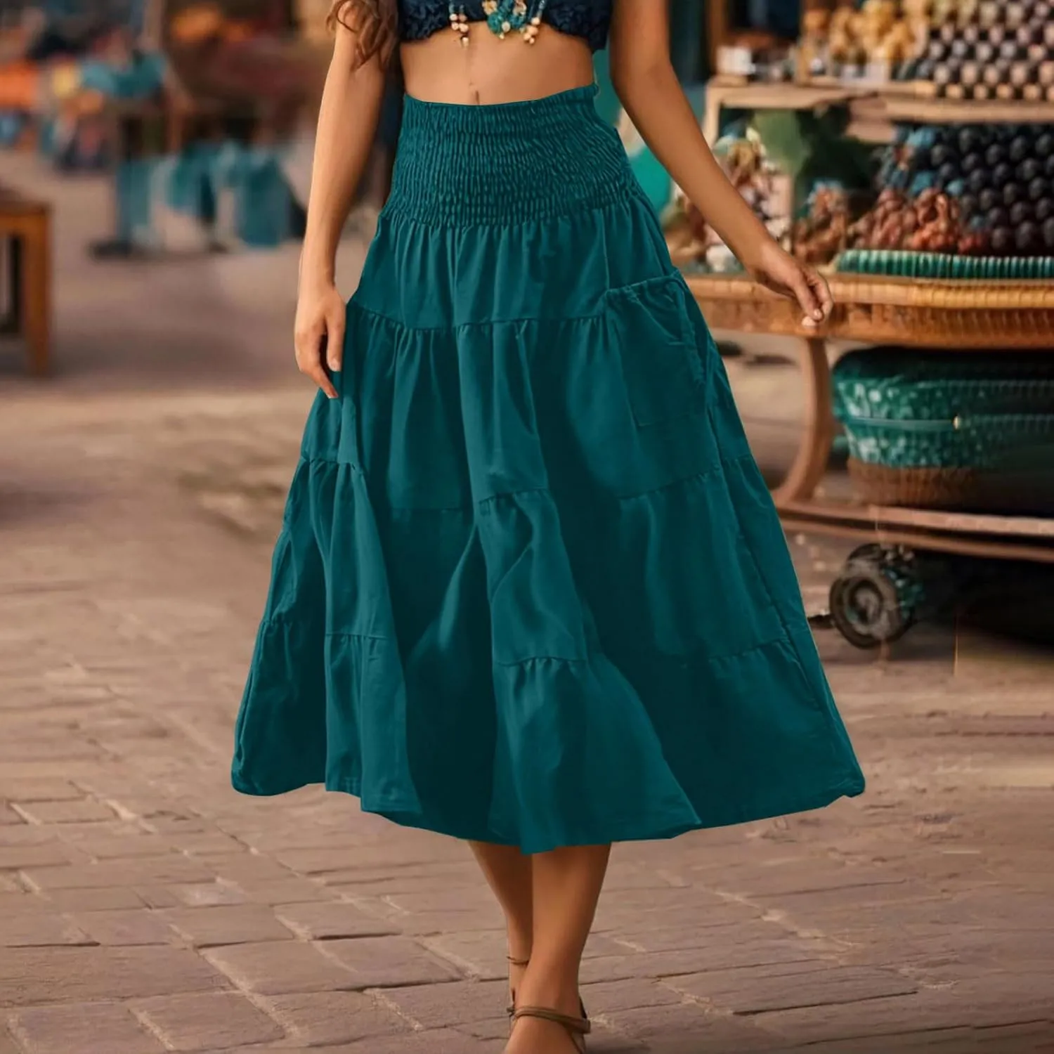 Maxi Skirts for Women Elastic High Waist Tiered A-Line Pleated Long Skirt Summer Flowy Swing Boho Solid Beach Clothes