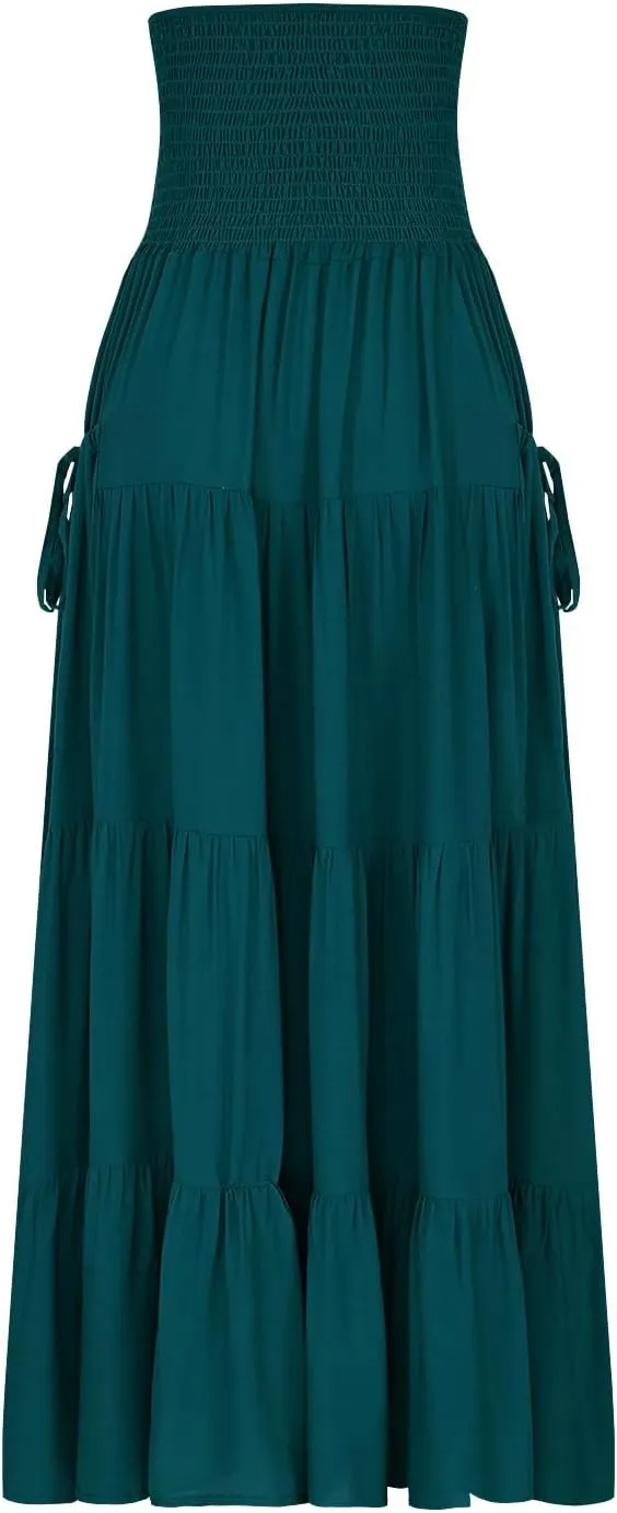 Maxi Skirts for Women Elastic High Waist Tiered A-Line Pleated Long Skirt Summer Flowy Swing Boho Solid Beach Clothes