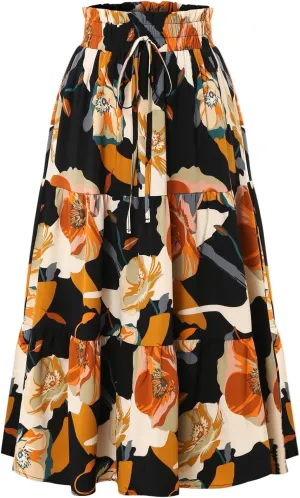 Maxi Skirt,Womens Boho Maxi Skirt with Pockets Elastic High Waisted Linen Summer Flowy Long Skirts for Women 2025