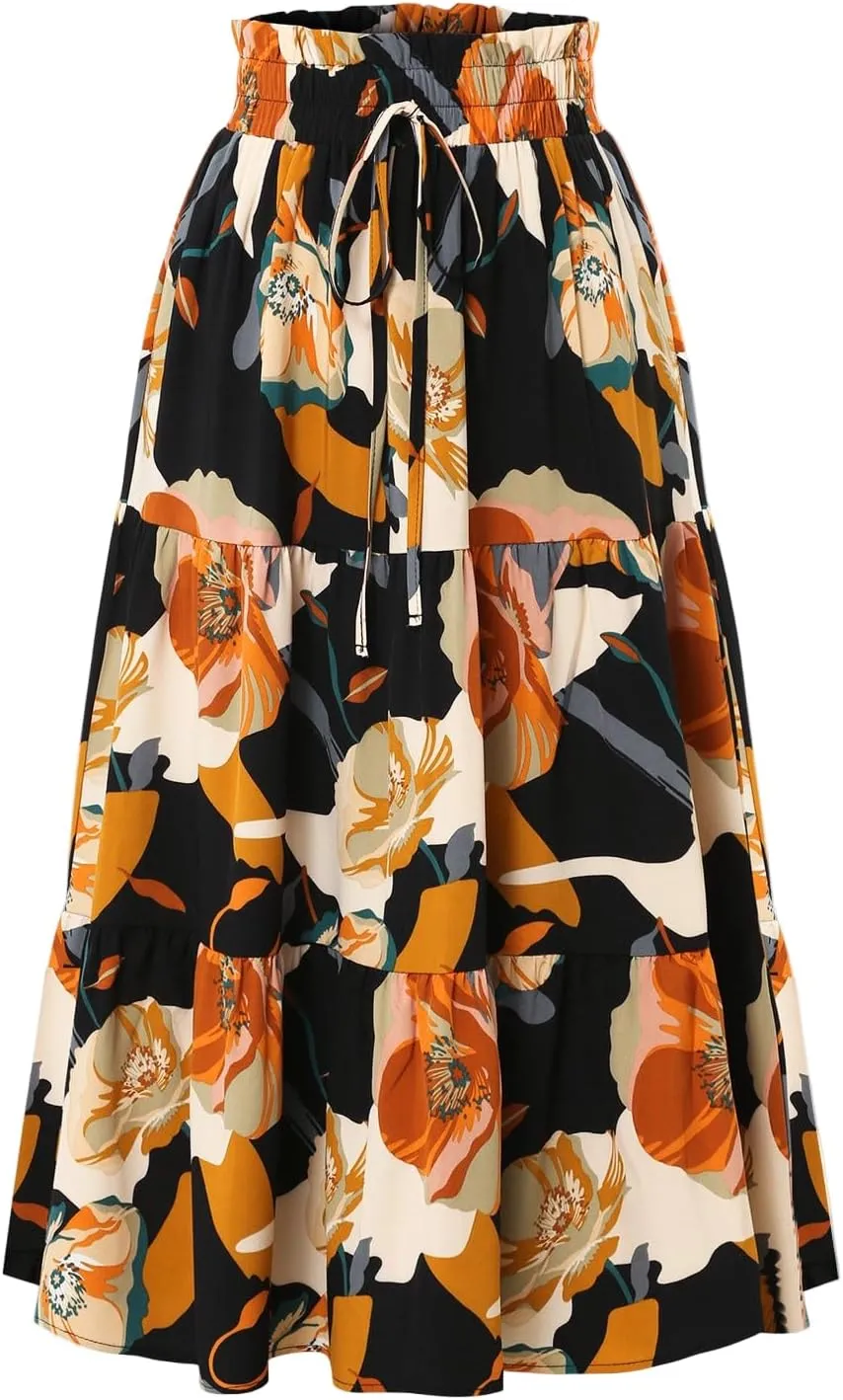Maxi Skirt,Womens Boho Maxi Skirt with Pockets Elastic High Waisted Linen Summer Flowy Long Skirts for Women 2025