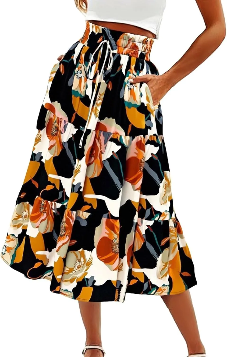 Maxi Skirt,Womens Boho Maxi Skirt with Pockets Elastic High Waisted Linen Summer Flowy Long Skirts for Women 2025
