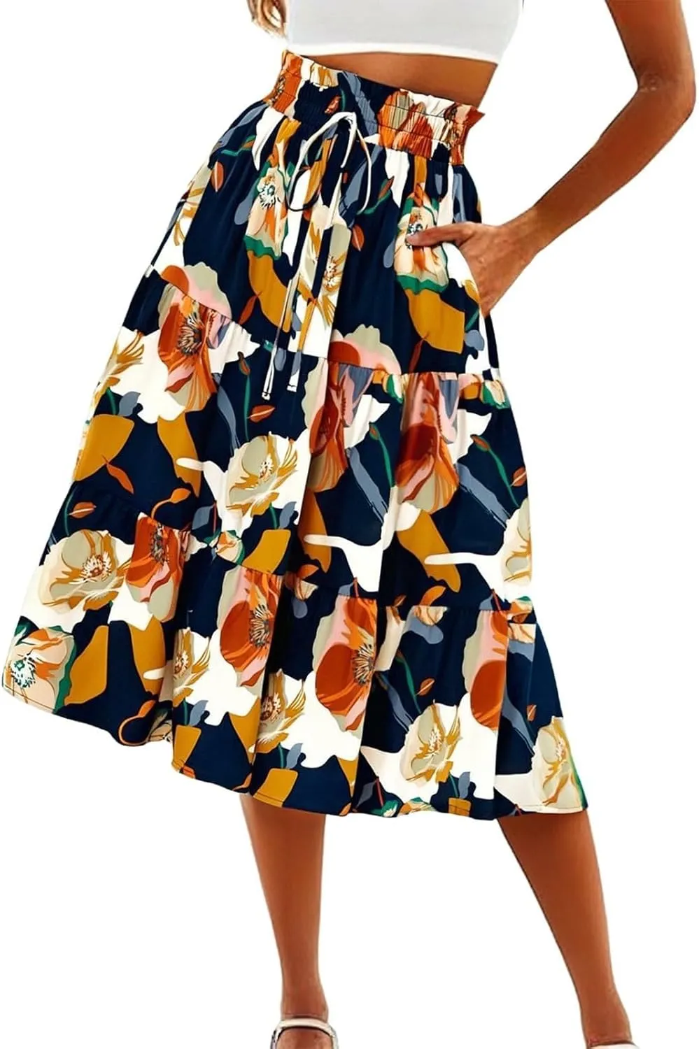 Maxi Skirt,Womens Boho Maxi Skirt with Pockets Elastic High Waisted Linen Summer Flowy Long Skirts for Women 2025