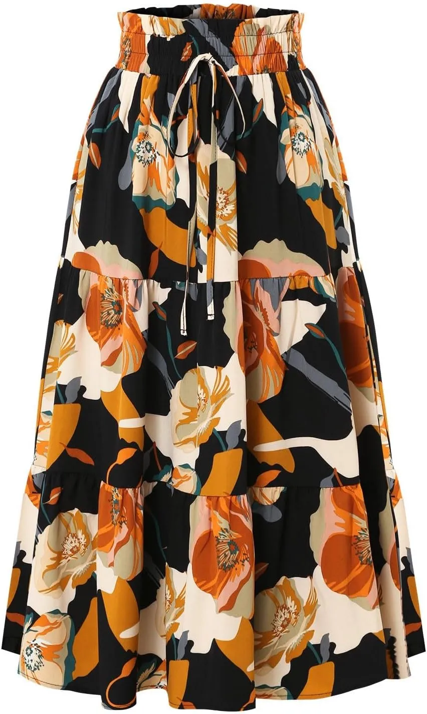 Maxi Skirt,Womens Boho Maxi Skirt with Pockets Elastic High Waisted Linen Summer Flowy Long Skirts for Women 2025
