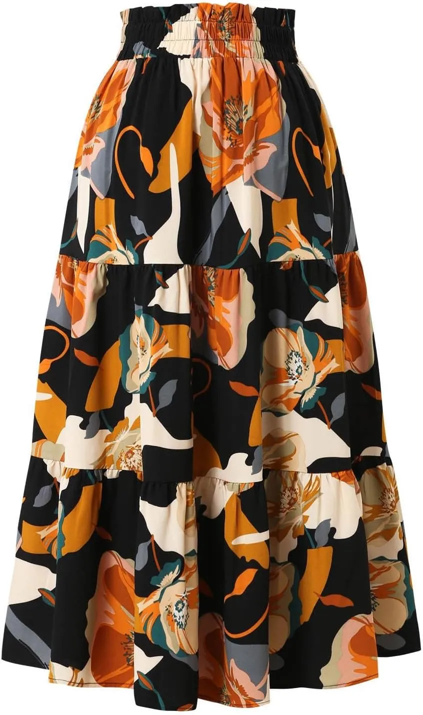Maxi Skirt,Womens Boho Maxi Skirt with Pockets Elastic High Waisted Linen Summer Flowy Long Skirts for Women 2025