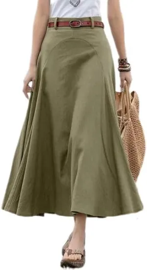 Melliflo Women's Linen Maxi Skirts Summer Casual A Line High Waist Long Flowy Flare Swing Ruffle Skirt