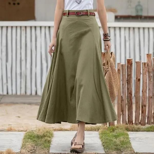 Melliflo Women's Linen Maxi Skirts Summer Casual A Line High Waist Long Flowy Flare Swing Ruffle Skirt