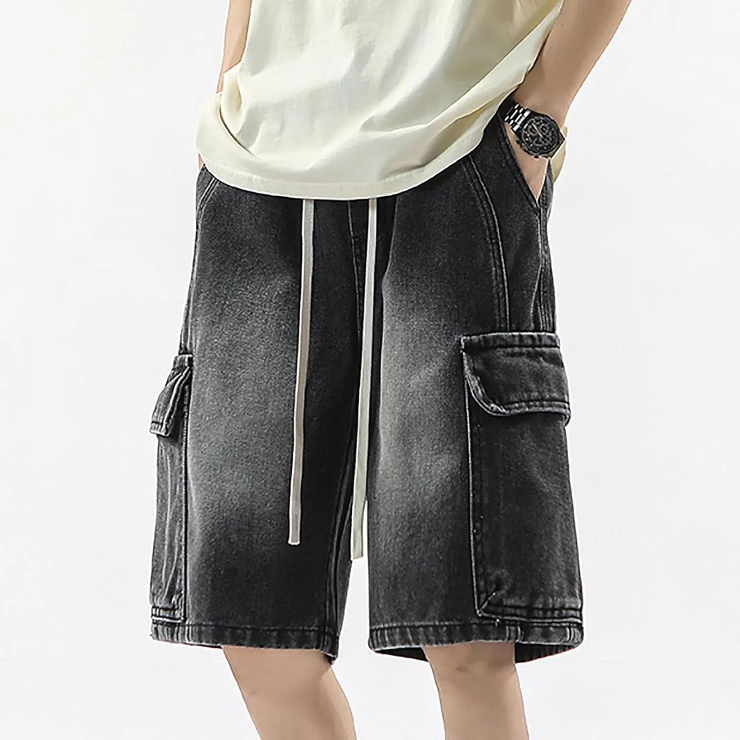 Men Y2K Grunge Baggy Jean Shorts Summer Casual Hip Hop Cargo Pants Loose Denim Shorts with Pockets