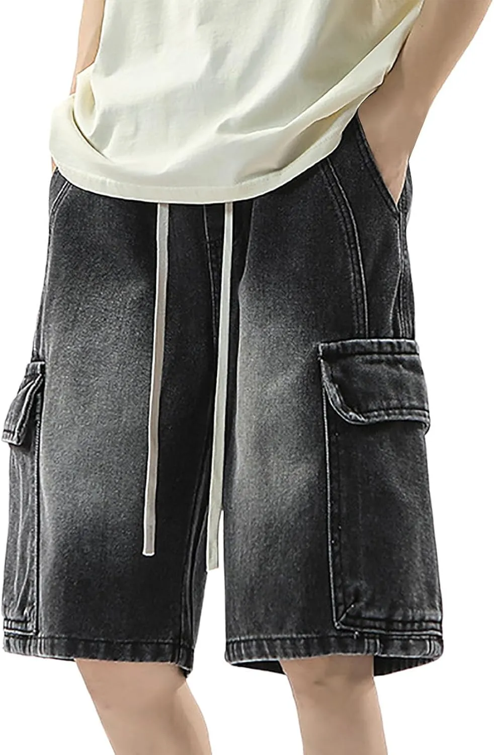 Men Y2K Grunge Baggy Jean Shorts Summer Casual Hip Hop Cargo Pants Loose Denim Shorts with Pockets