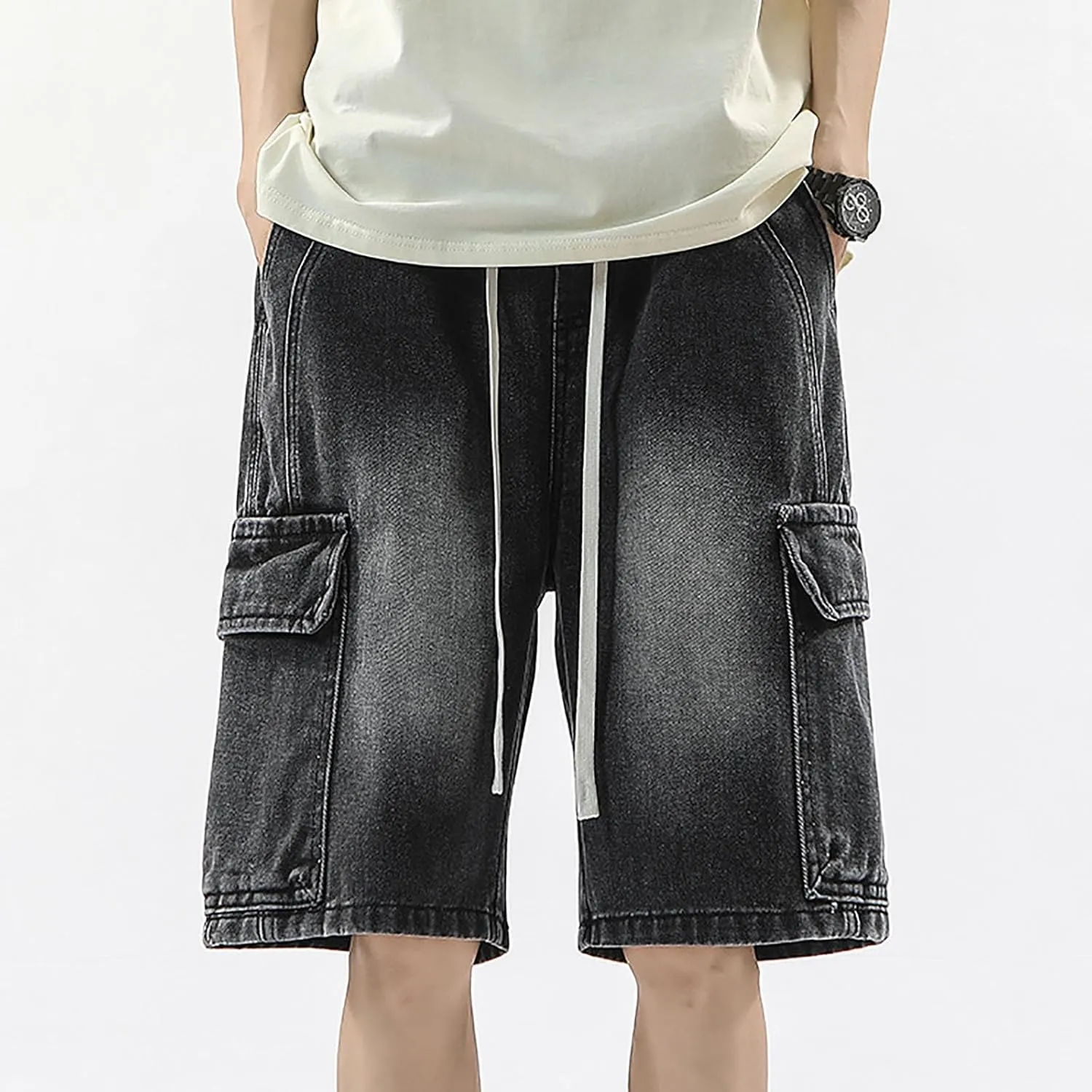 Men Y2K Grunge Baggy Jean Shorts Summer Casual Hip Hop Cargo Pants Loose Denim Shorts with Pockets