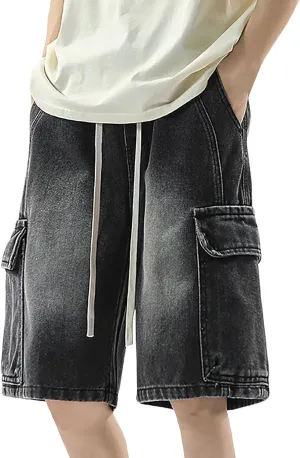 Men Y2K Grunge Baggy Jean Shorts Summer Casual Hip Hop Cargo Pants Loose Denim Shorts with Pockets