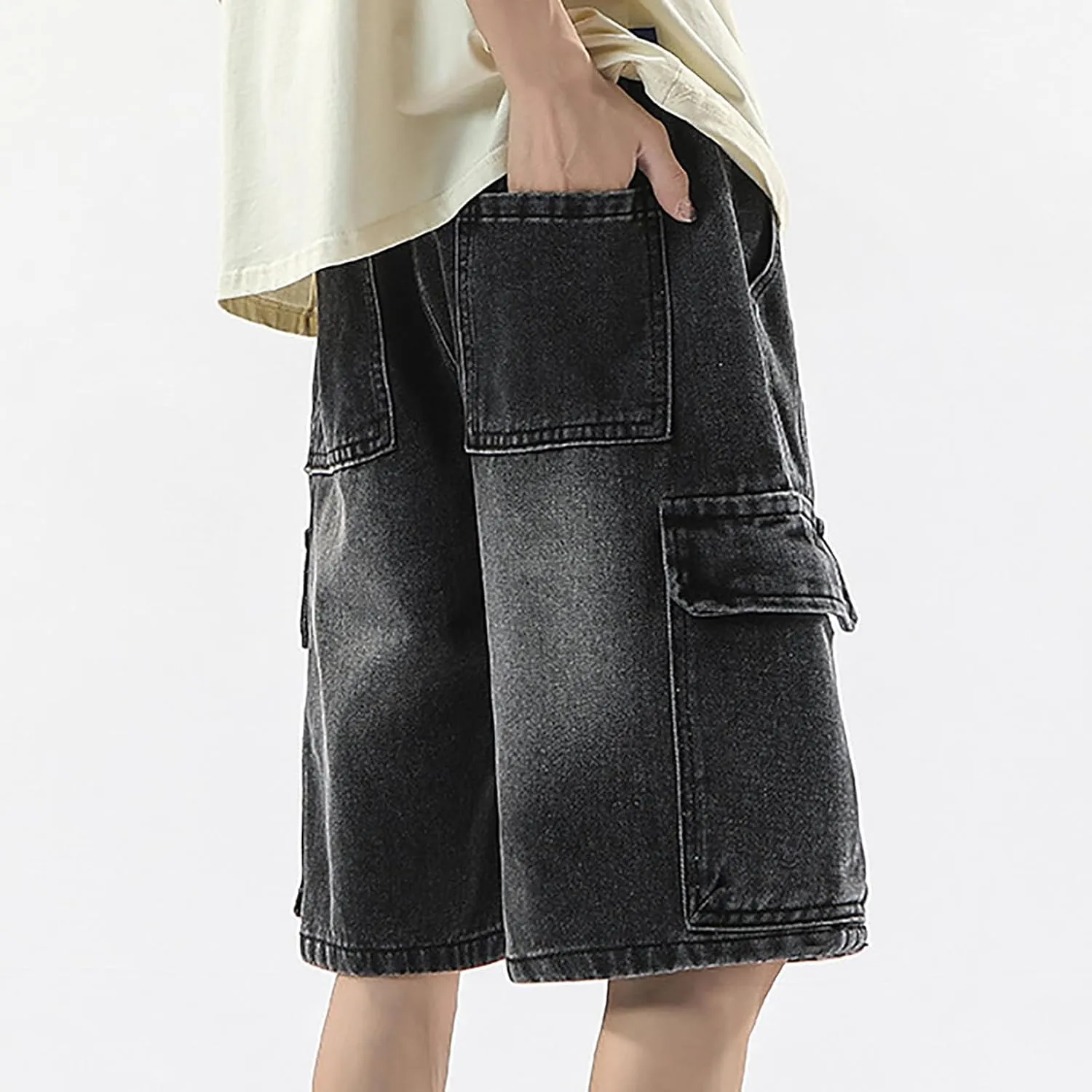 Men Y2K Grunge Baggy Jean Shorts Summer Casual Hip Hop Cargo Pants Loose Denim Shorts with Pockets