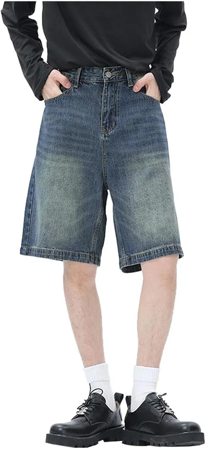 Mens Baggy Denim Jorts Y2K Grunge Loose Fit Hip Hop Jean Shorts Casual Short Jeans with Pockets Streetwear