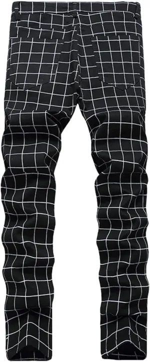 Mens Casual Chino Pants Plaid Striped Print Straight Leg Skinny Classic Denim Pant Business Work Stretch Dress Pant