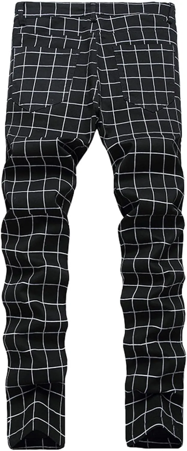 Mens Casual Chino Pants Plaid Striped Print Straight Leg Skinny Classic Denim Pant Business Work Stretch Dress Pant