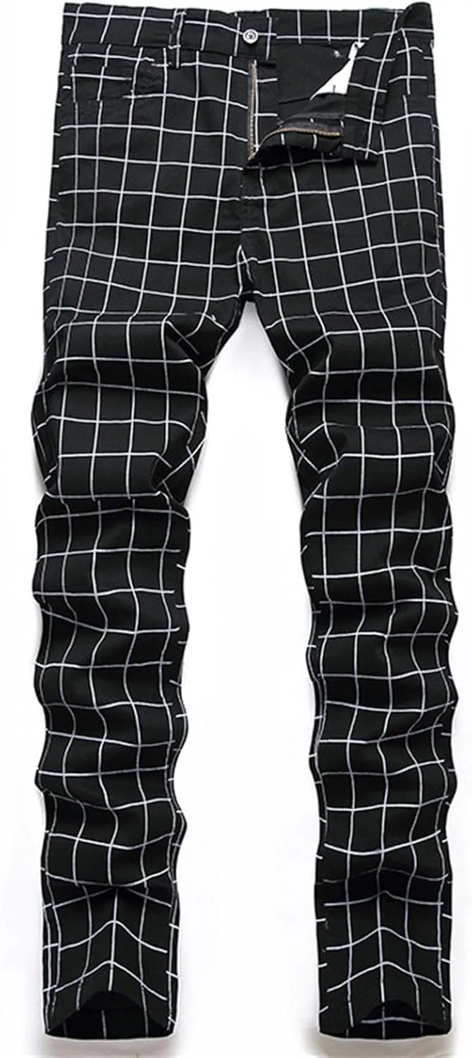 Mens Casual Chino Pants Plaid Striped Print Straight Leg Skinny Classic Denim Pant Business Work Stretch Dress Pant