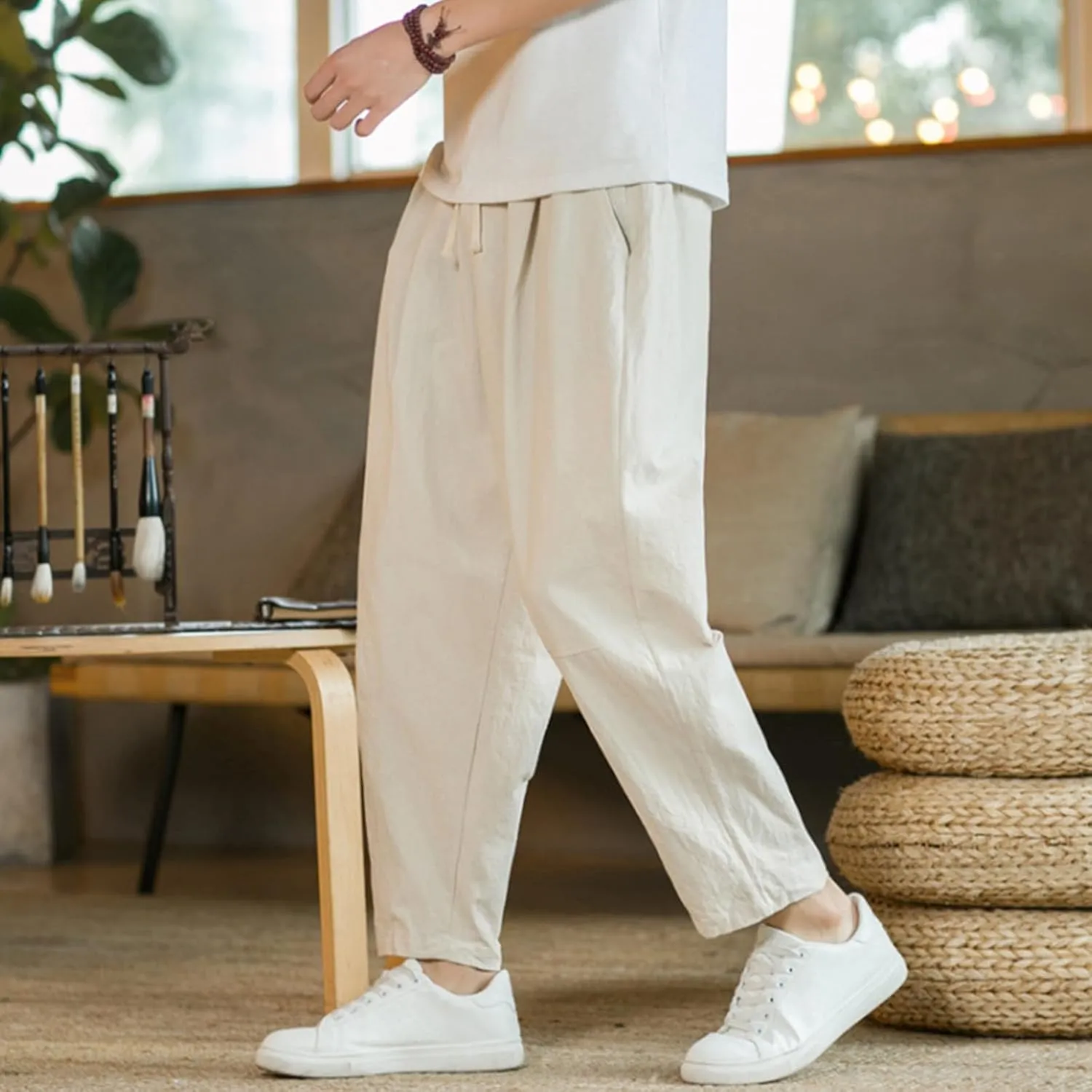 Mens Casual Pants Relaxed Fit Elastic Waist Lightweight Cotton Pants Plus Size Drawstring Summer Beach Pant with Pockets