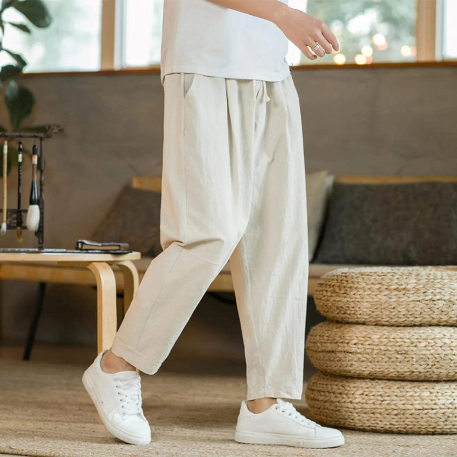 Mens Casual Pants Relaxed Fit Elastic Waist Lightweight Cotton Pants Plus Size Drawstring Summer Beach Pant with Pockets
