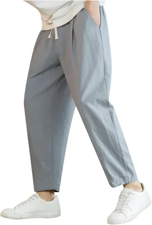 Mens Casual Pants Relaxed Fit Elastic Waist Lightweight Cotton Pants Plus Size Drawstring Summer Beach Pant with Pockets