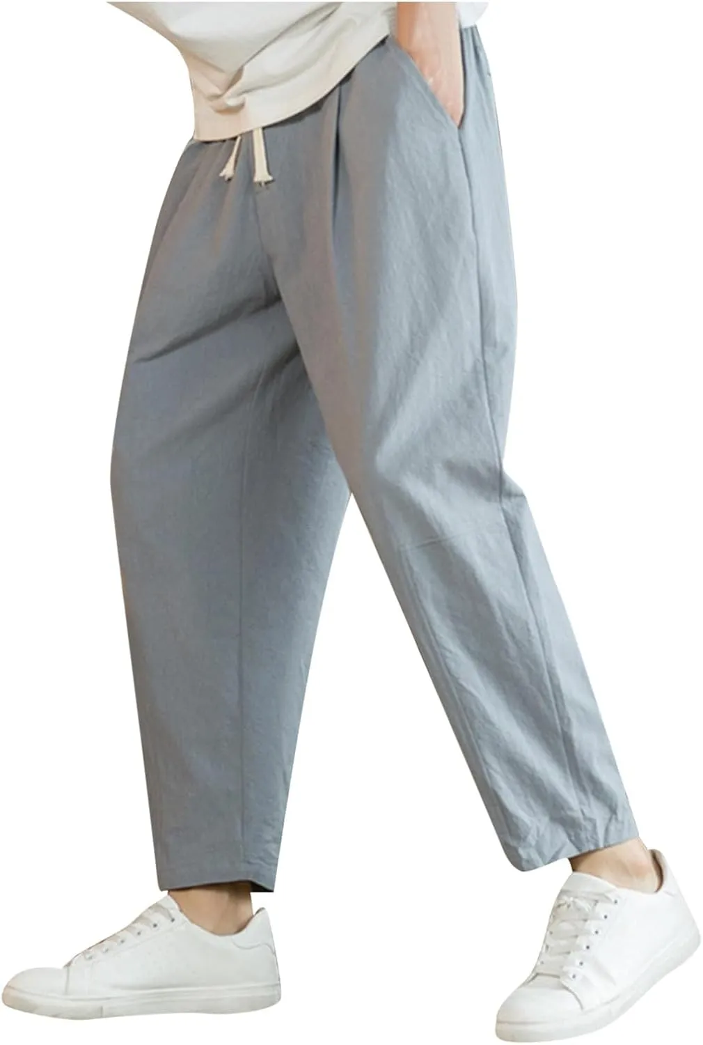 Mens Casual Pants Relaxed Fit Elastic Waist Lightweight Cotton Pants Plus Size Drawstring Summer Beach Pant with Pockets