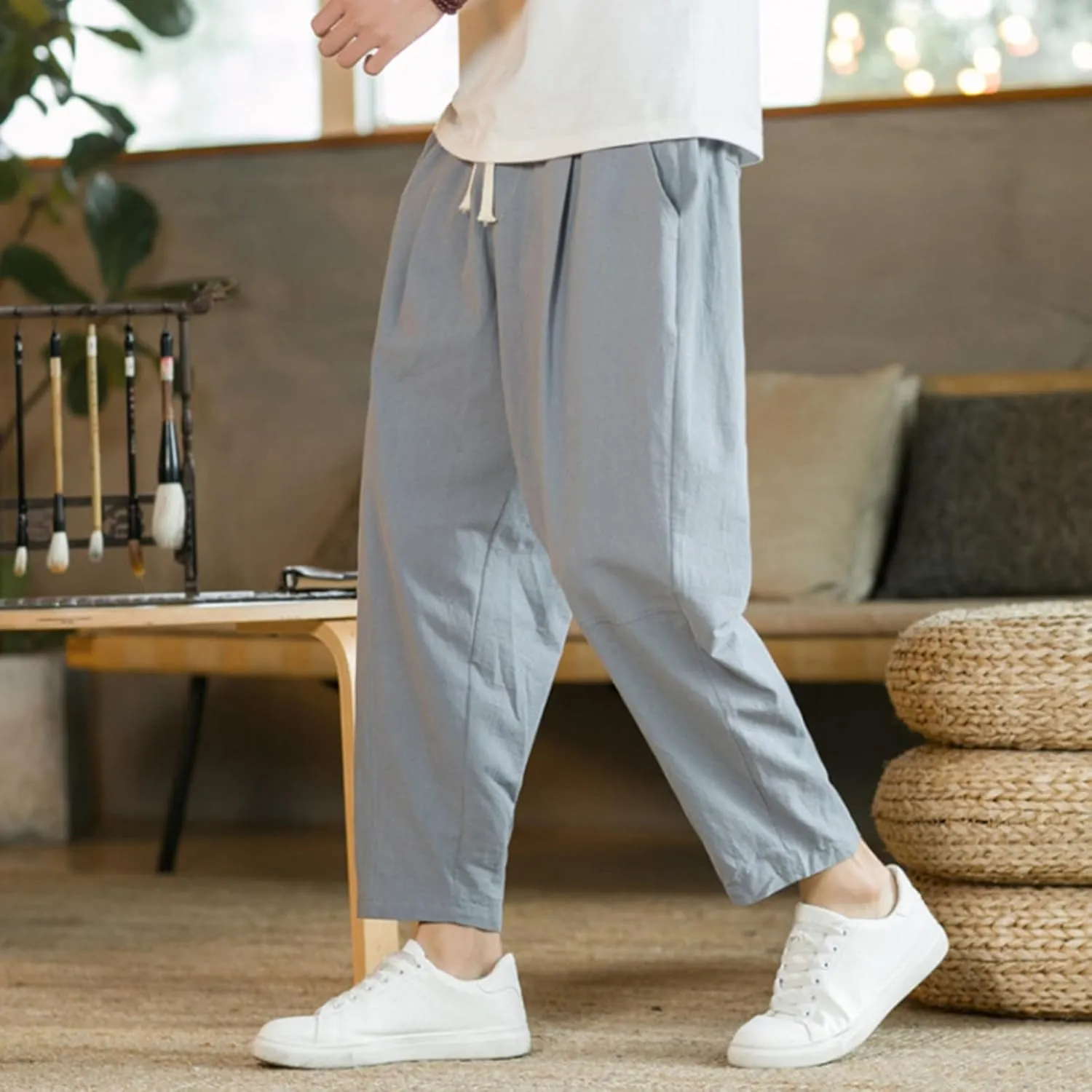 Mens Casual Pants Relaxed Fit Elastic Waist Lightweight Cotton Pants Plus Size Drawstring Summer Beach Pant with Pockets