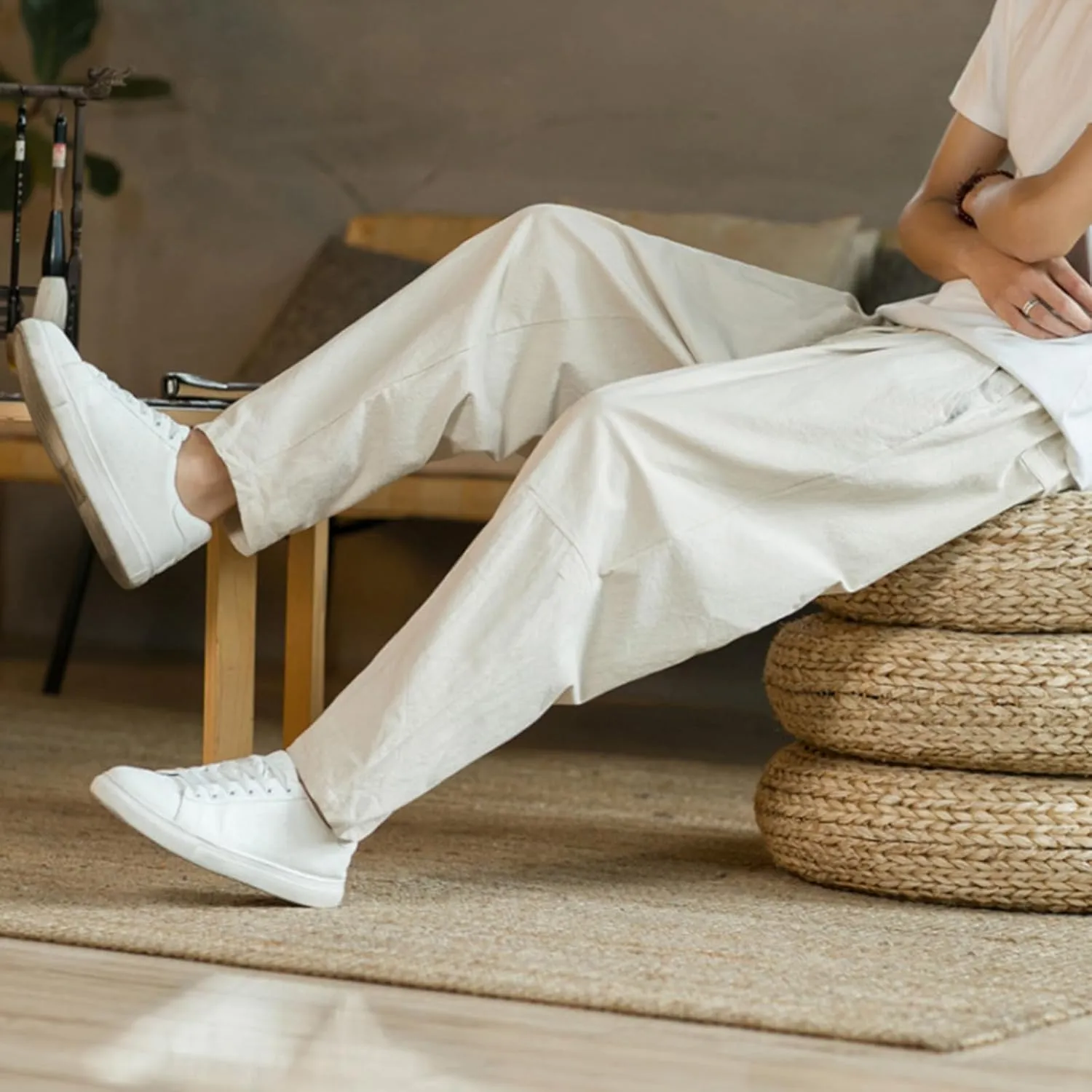 Mens Casual Pants Relaxed Fit Elastic Waist Lightweight Cotton Pants Plus Size Drawstring Summer Beach Pant with Pockets