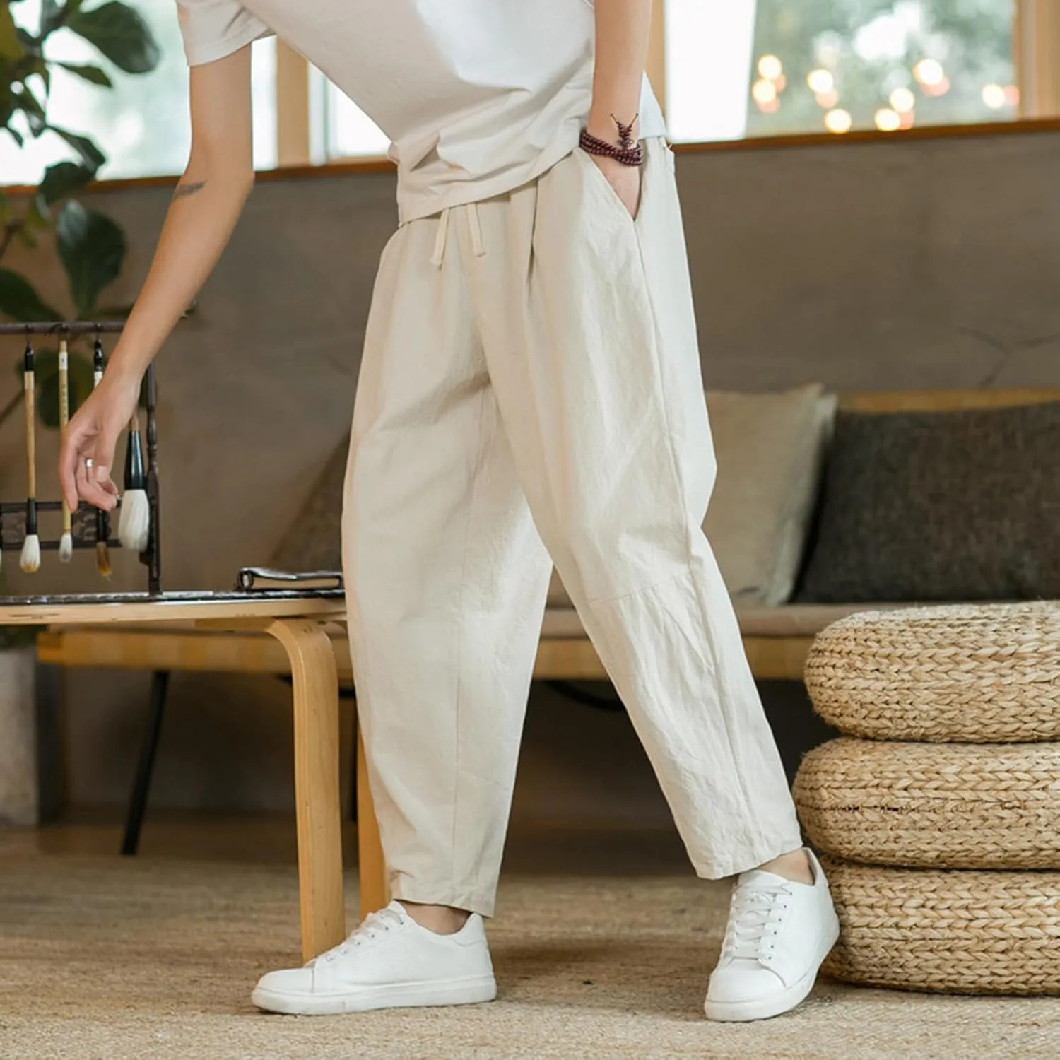 Mens Casual Pants Relaxed Fit Elastic Waist Lightweight Cotton Pants Plus Size Drawstring Summer Beach Pant with Pockets