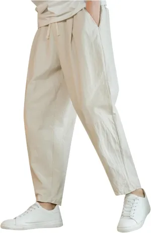 Mens Casual Pants Relaxed Fit Elastic Waist Lightweight Cotton Pants Plus Size Drawstring Summer Beach Pant with Pockets