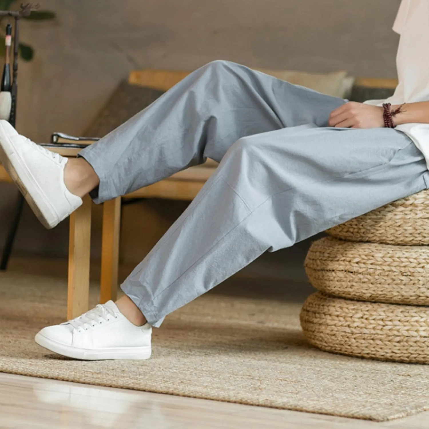 Mens Casual Pants Relaxed Fit Elastic Waist Lightweight Cotton Pants Plus Size Drawstring Summer Beach Pant with Pockets