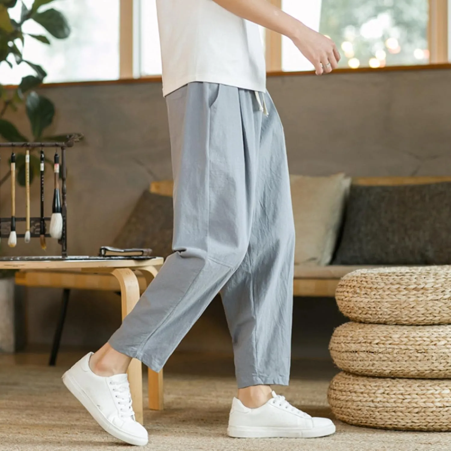 Mens Casual Pants Relaxed Fit Elastic Waist Lightweight Cotton Pants Plus Size Drawstring Summer Beach Pant with Pockets