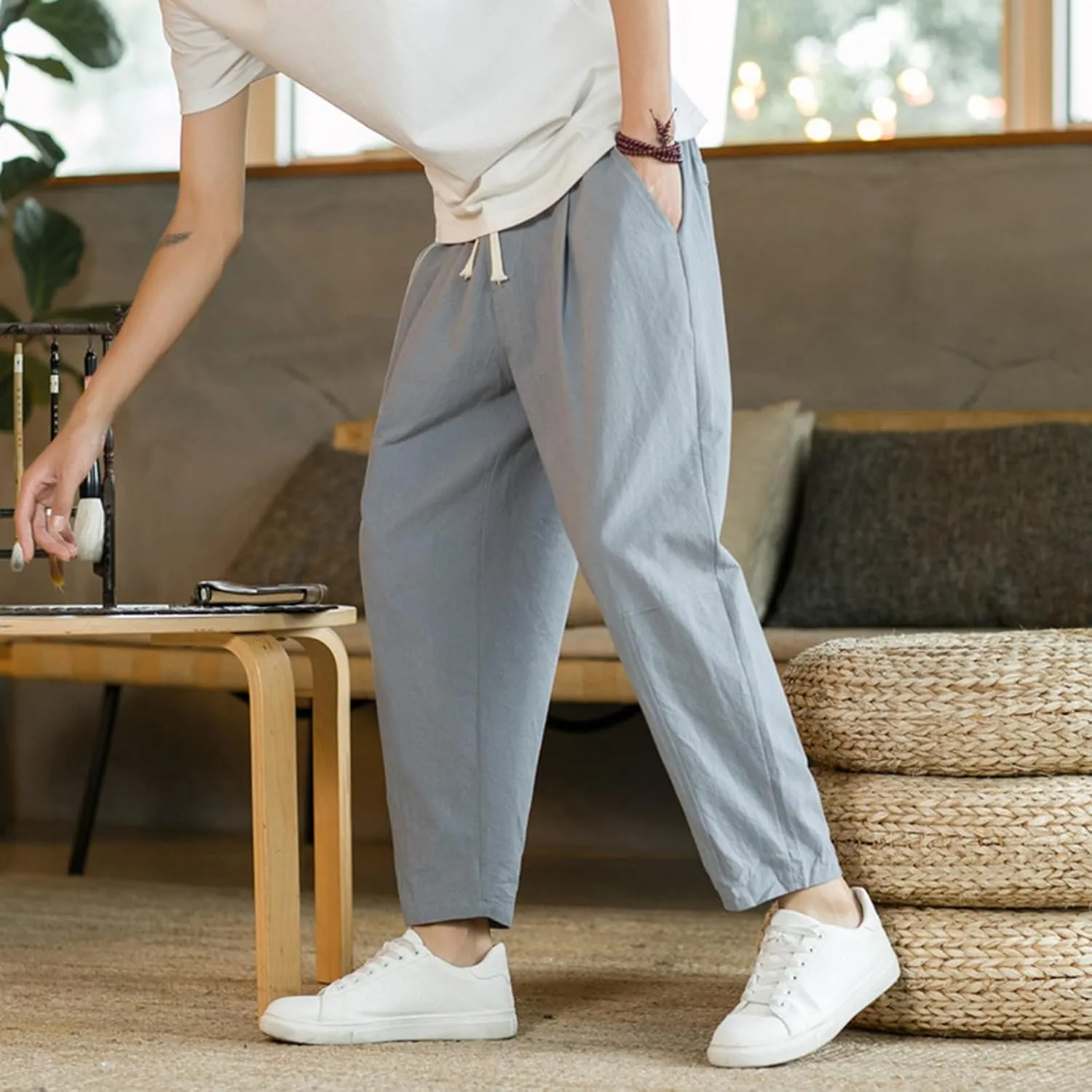 Mens Casual Pants Relaxed Fit Elastic Waist Lightweight Cotton Pants Plus Size Drawstring Summer Beach Pant with Pockets
