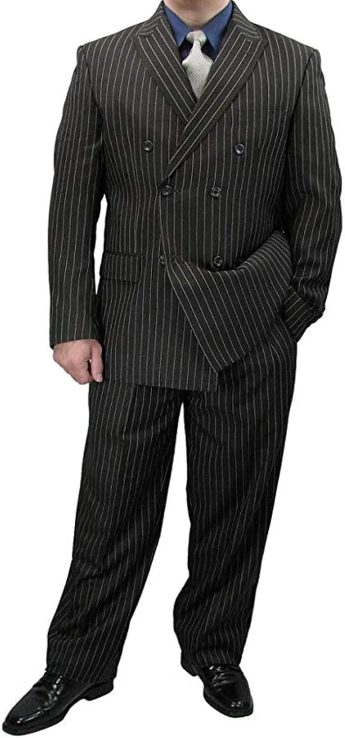 Mens Fashion Suit Double Breasted Banker Stripe Classic Regular Fit Flat Front Pants