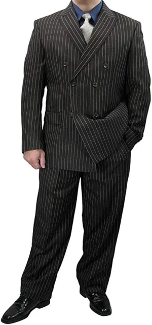Mens Fashion Suit Double Breasted Banker Stripe Classic Regular Fit Flat Front Pants