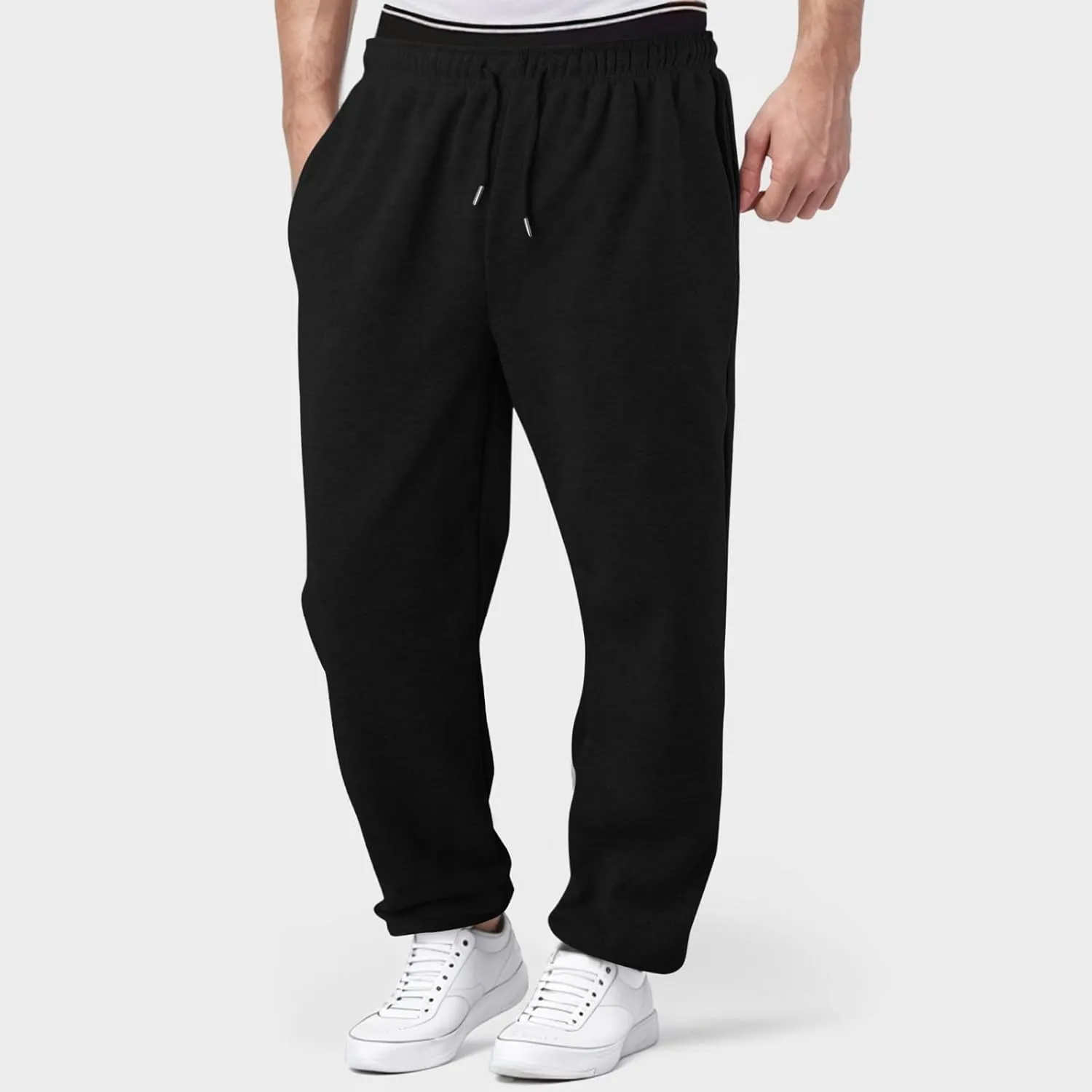 Men's Fleece Cargo Sweatpants Baggy Wide Straight Leg Joggers Classic Fit Flat Front Leisure and Daily Wear
